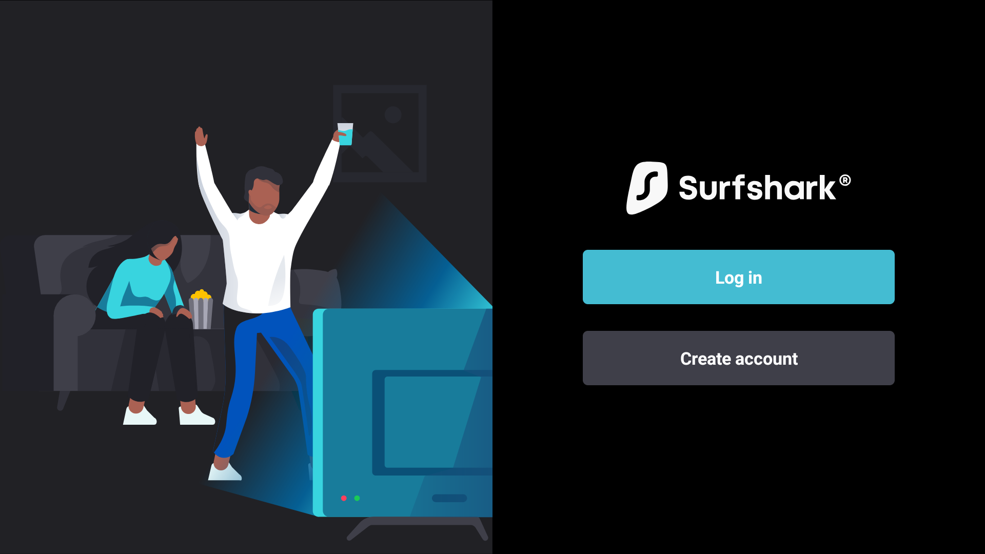 Surfshark VPN login screen on Fire TV showing two options: “Log in” and “Create account,” with a person celebrating in front of a TV.